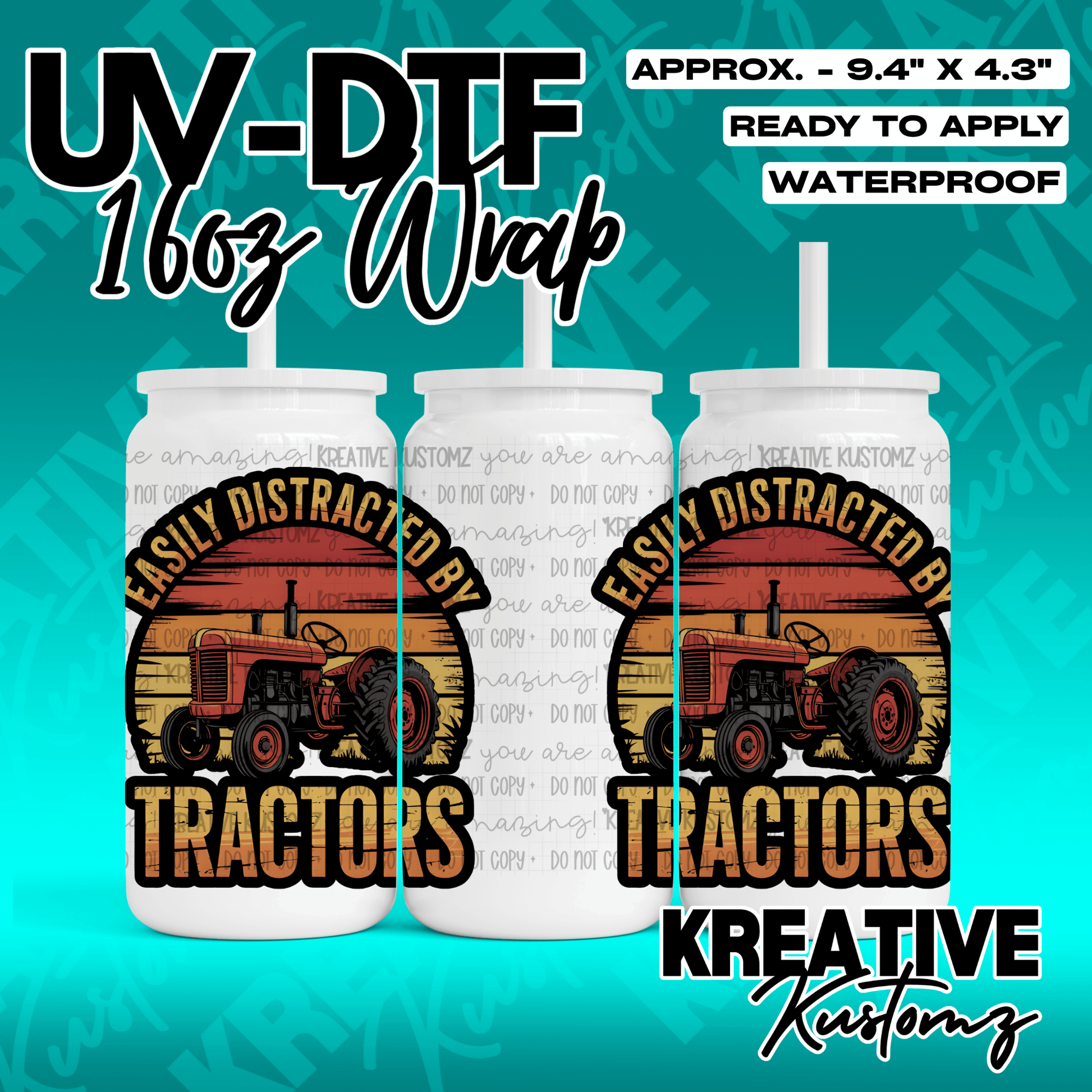 A UV DTF wrap for a 16oz glass can featuring a tractor design with a sunset background.