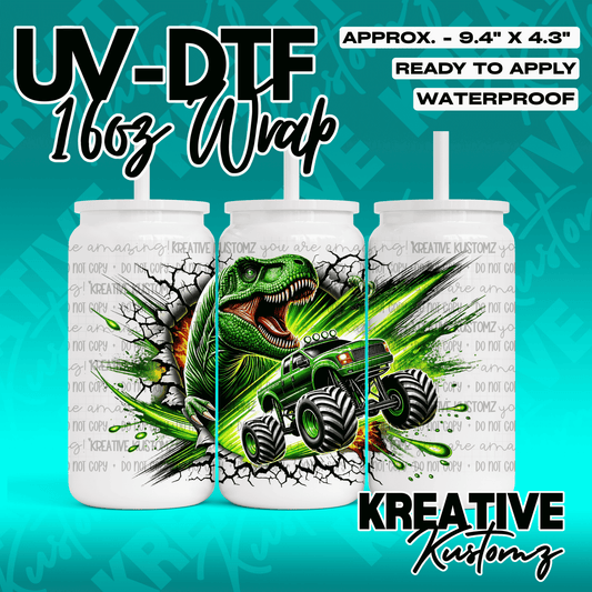 A UV DTF wrap for a 16oz glass cup featuring a green dinosaur and a monster truck design.