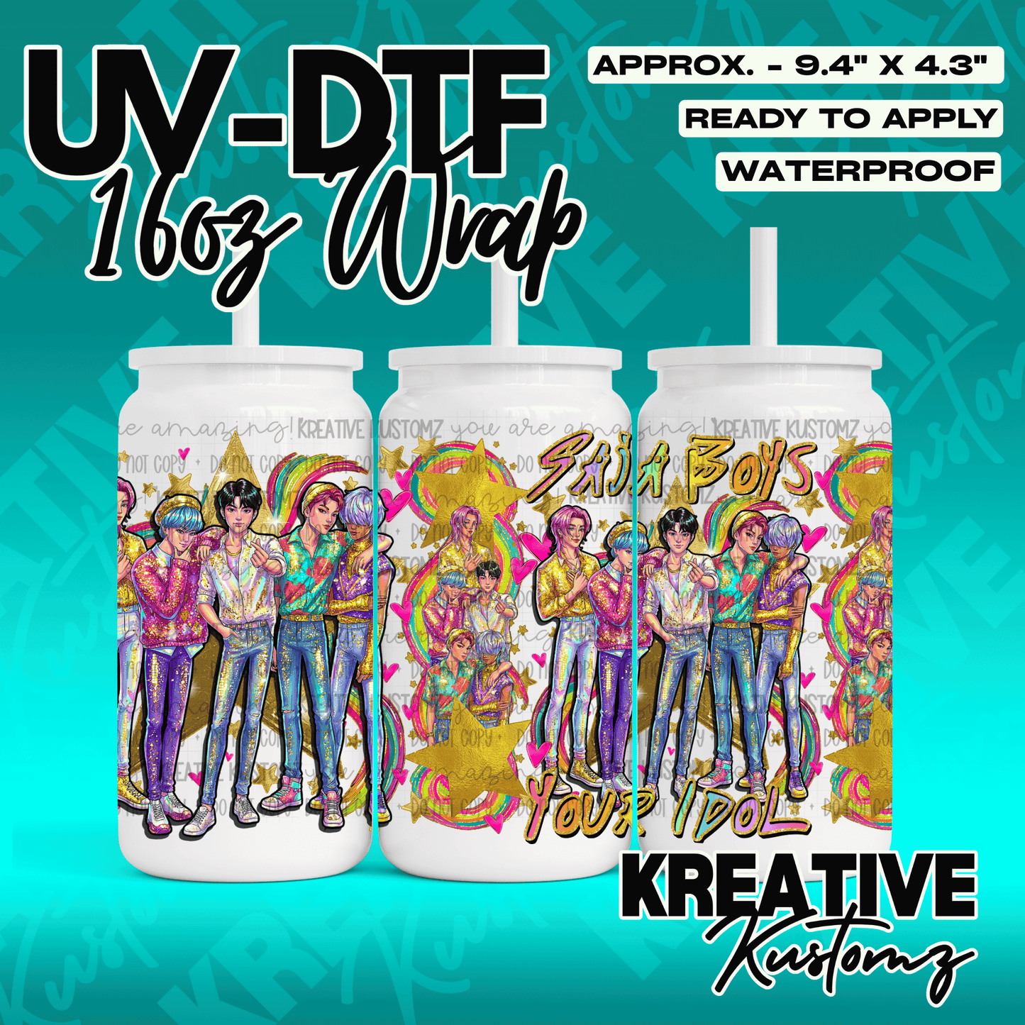 A 16oz UV DTF cup wrap featuring a colorful illustration of a boy band with stars and rainbows.