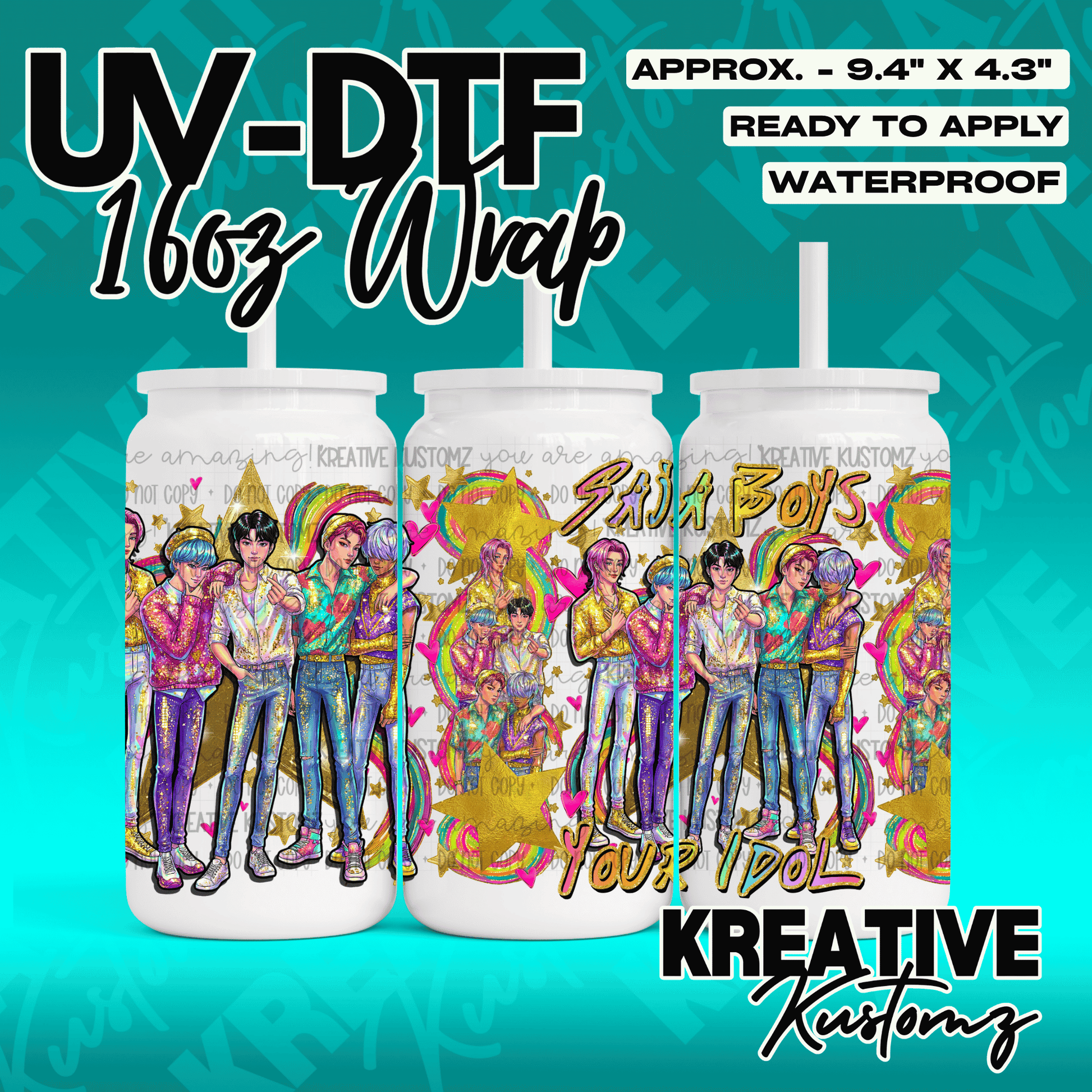 A 16oz UV DTF cup wrap featuring a colorful illustration of a boy band with stars and rainbows.
