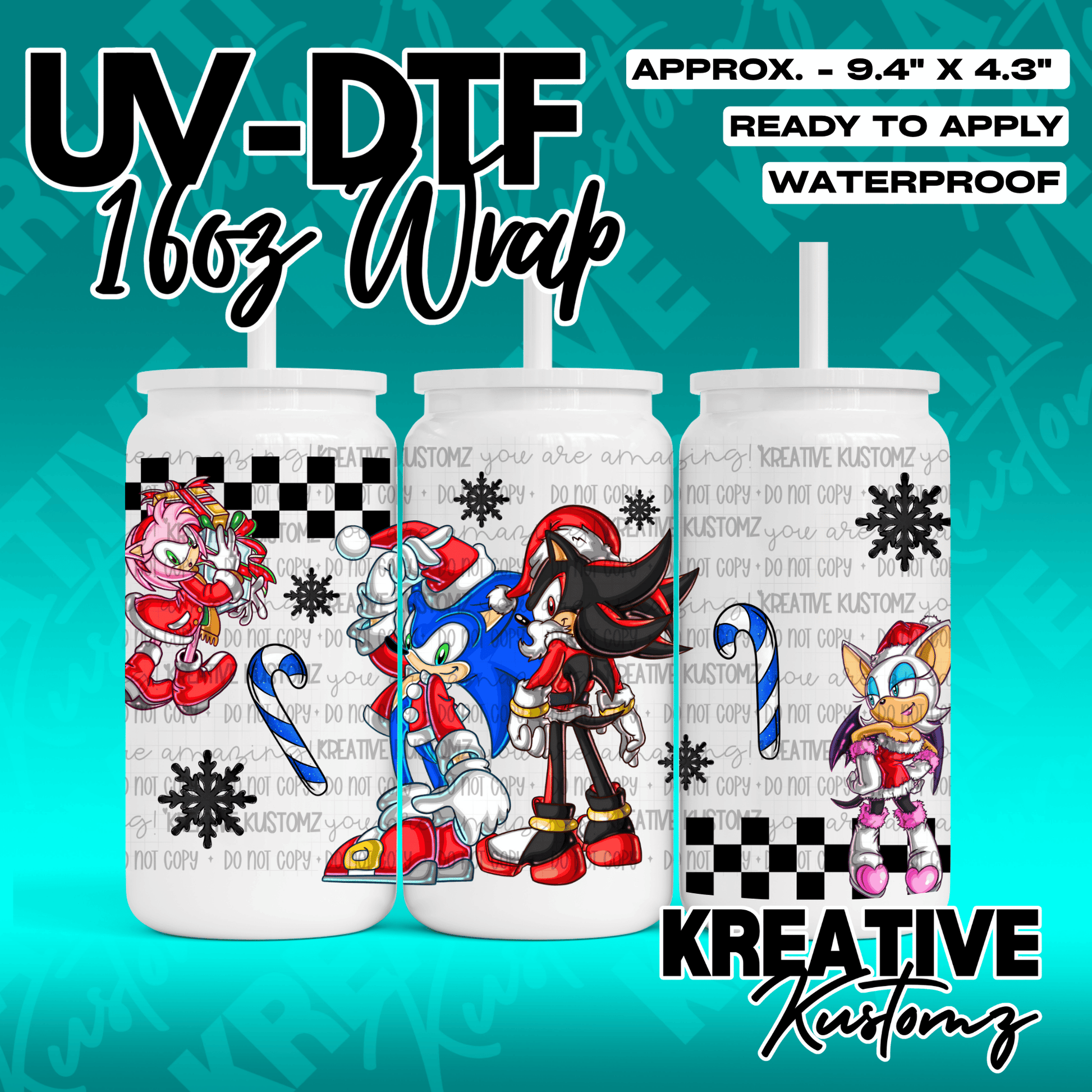 A Christmas-themed UV DTF cup wrap featuring Sonic the Hedgehog characters on a glass can.