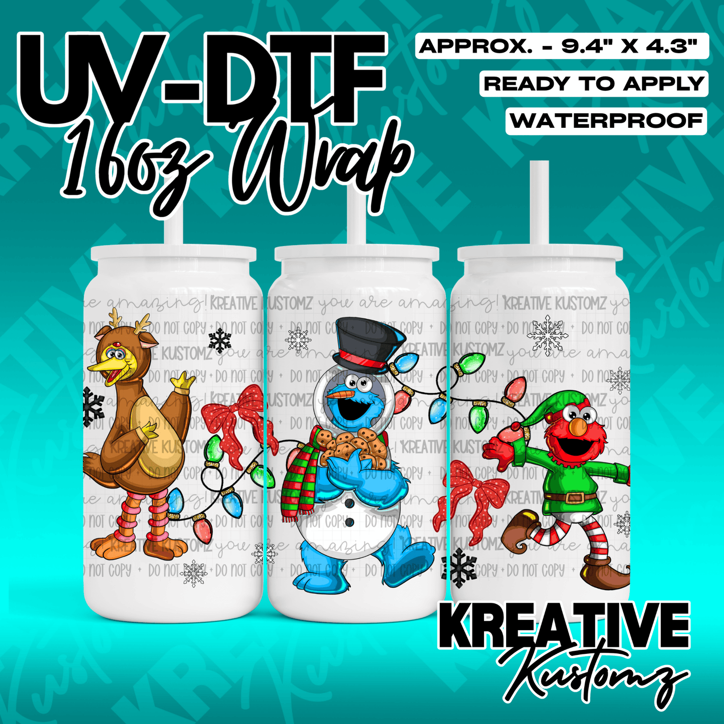 A festive Christmas UV DTF adhesive wrap featuring Sesame Street characters for 16oz glass cans.