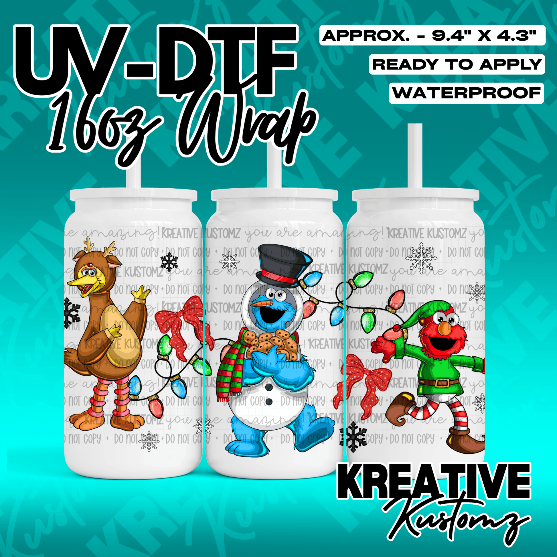 A festive Christmas UV DTF adhesive wrap featuring Sesame Street characters for 16oz glass cans.