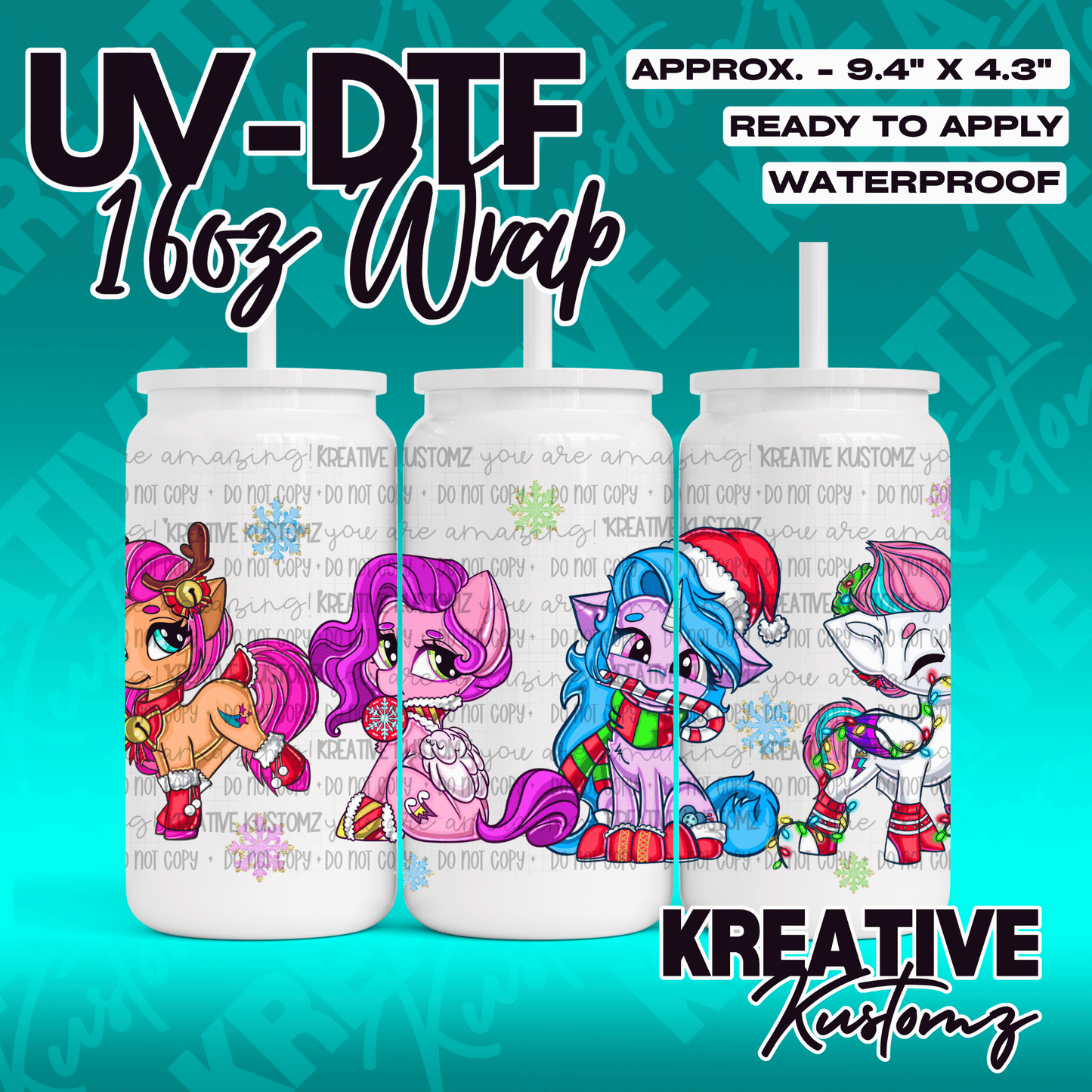 Christmas UV DTF wrap for 16oz glass cans featuring cartoon unicorns.