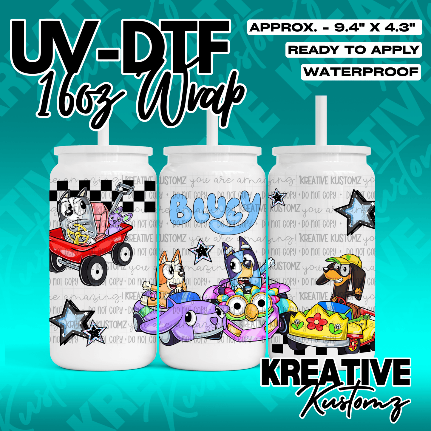 A Bluey themed UV DTF adhesive wrap for a 16oz glass can featuring characters in go-karts.
