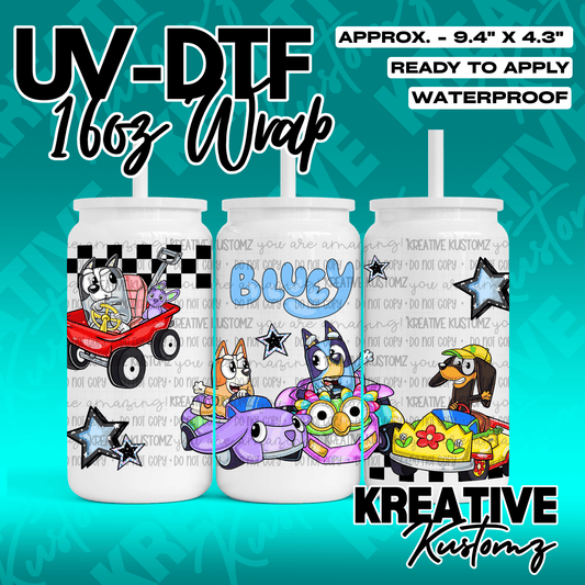 A Bluey themed UV DTF adhesive wrap for a 16oz glass can featuring characters in go-karts.