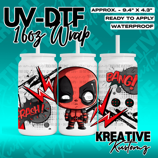 A Deadpool themed UV DTF adhesive wrap for a 16oz glass can featuring comic book style graphics.