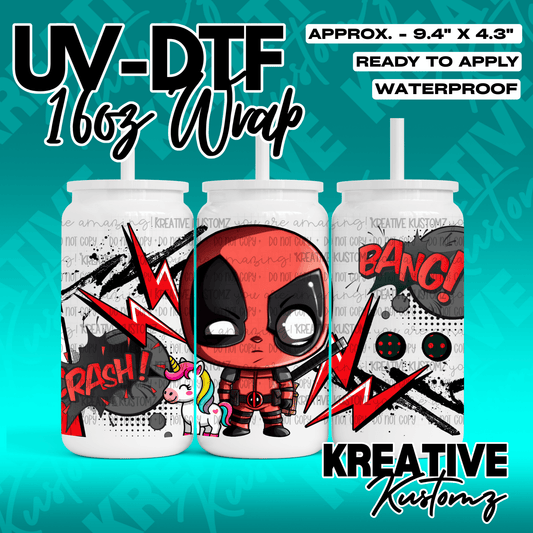 A 16oz glass can wrap featuring a Deadpool and unicorn comic book design.