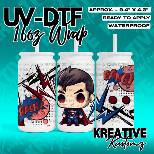 A Superman themed UV DTF adhesive wrap for a 16oz glass can featuring comic book style graphics.
