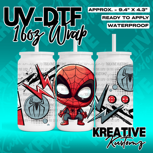 A Spider-Man themed UV DTF wrap for a 16oz glass can featuring comic book style graphics.
