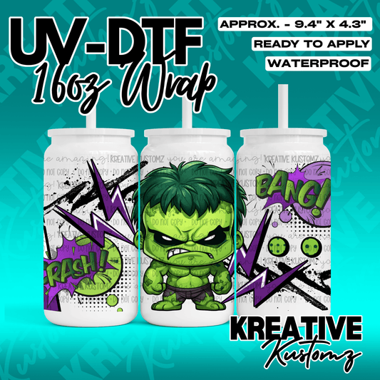 A Hulk themed UV DTF adhesive wrap for a 16oz glass can featuring comic book style graphics.
