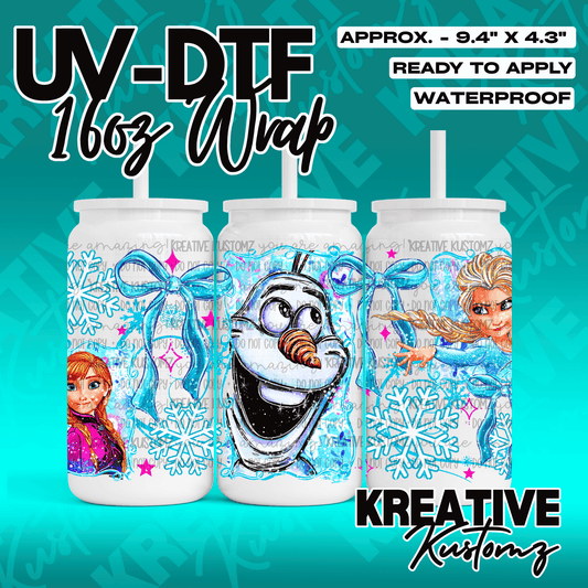 A UV DTF adhesive wrap for a 16oz glass cup featuring Anna, Olaf, and Elsa from Frozen.