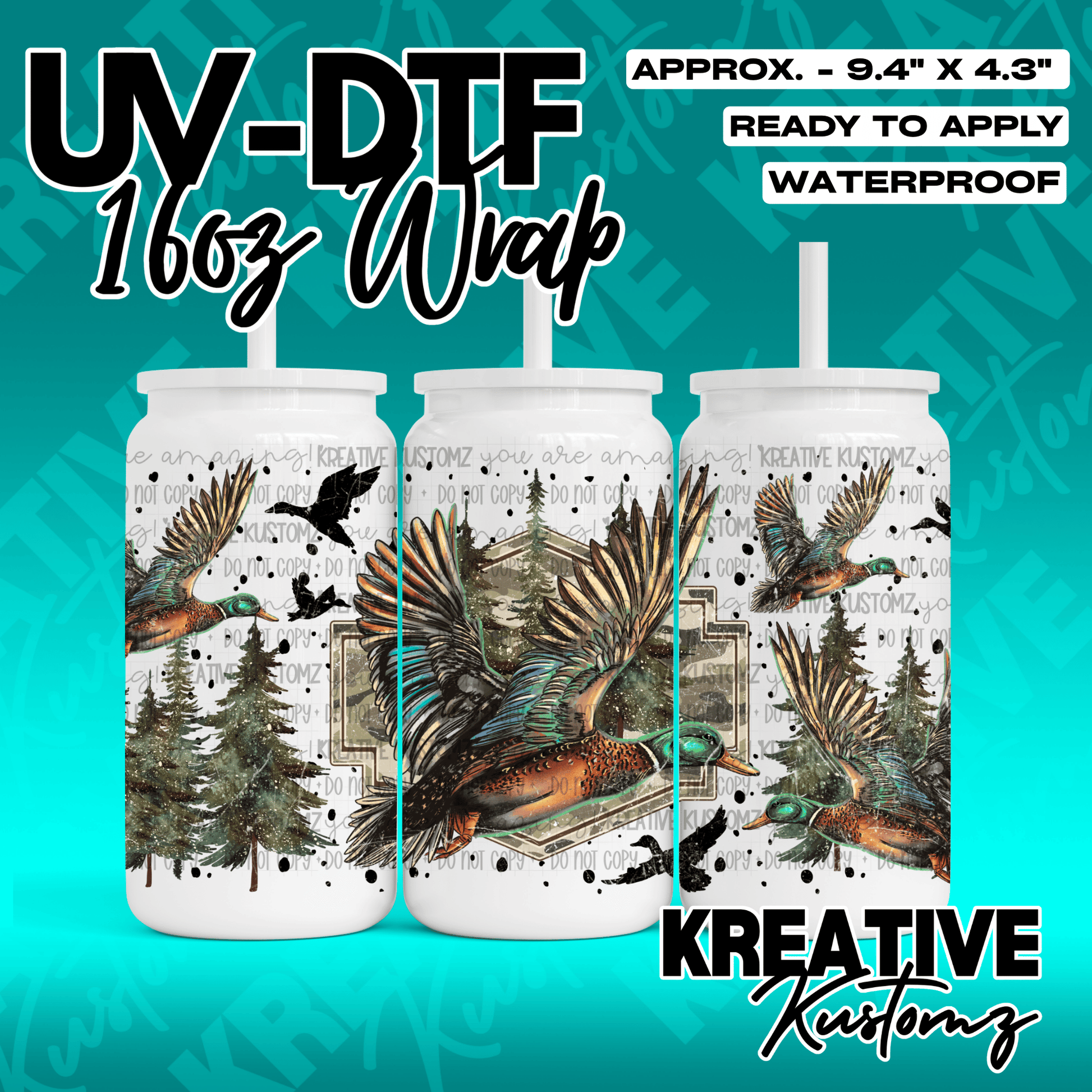 A UV DTF adhesive wrap for 16oz glass cans featuring a mallard duck and forest design.