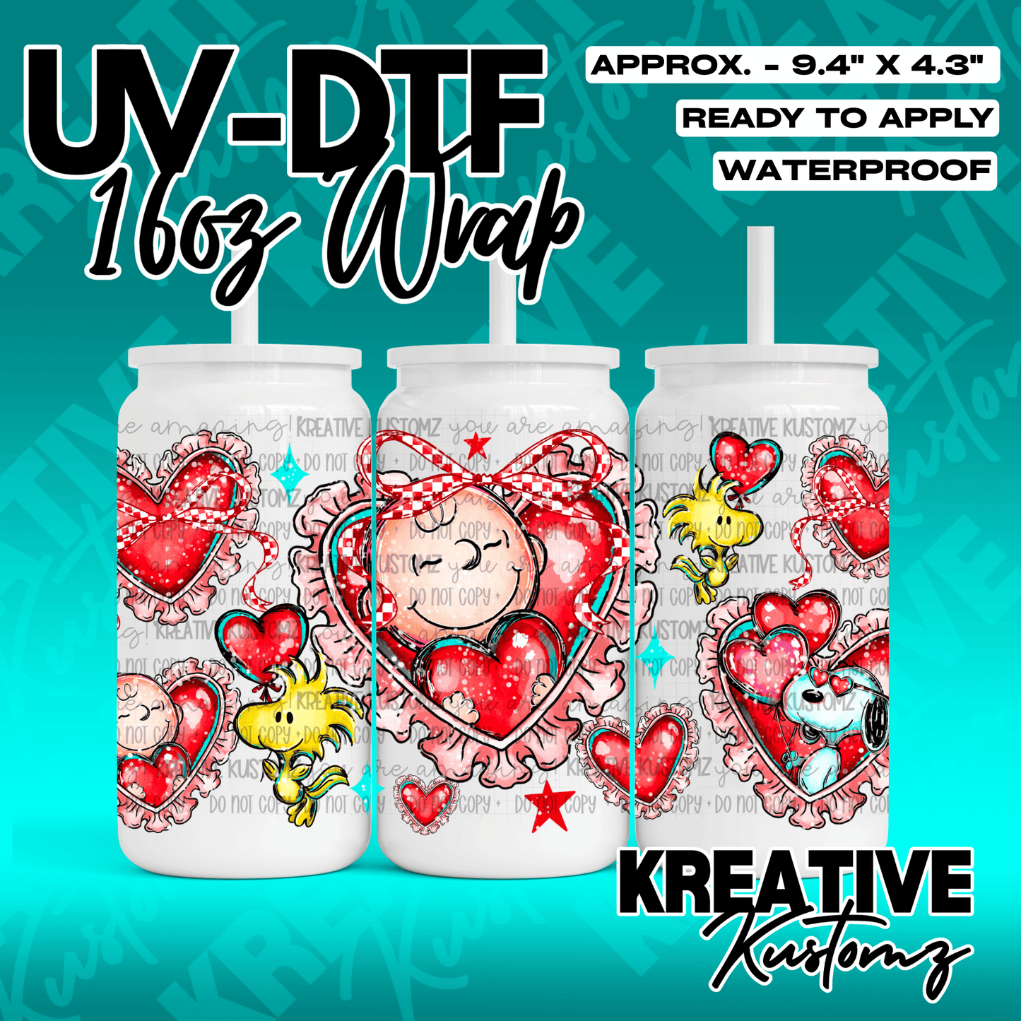 A UV DTF cup wrap featuring Snoopy and Woodstock with red hearts on a white background.