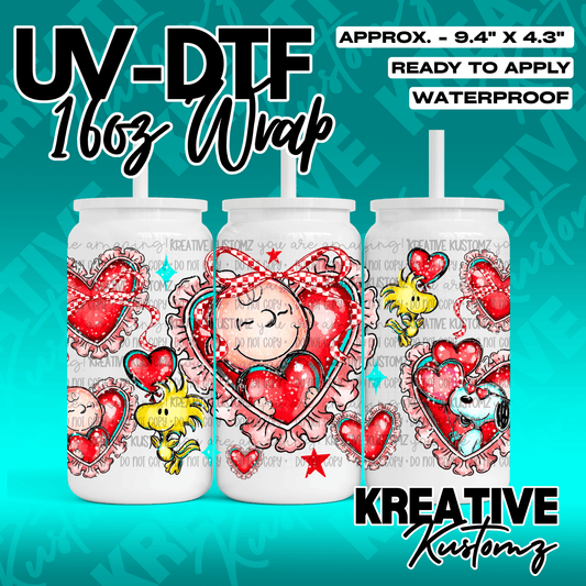 A UV DTF cup wrap featuring Snoopy and Woodstock with red hearts on a white background.