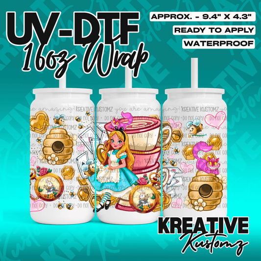 An Alice in Wonderland themed UV DTF wrap for a 16oz glass can featuring bees and floral motifs.