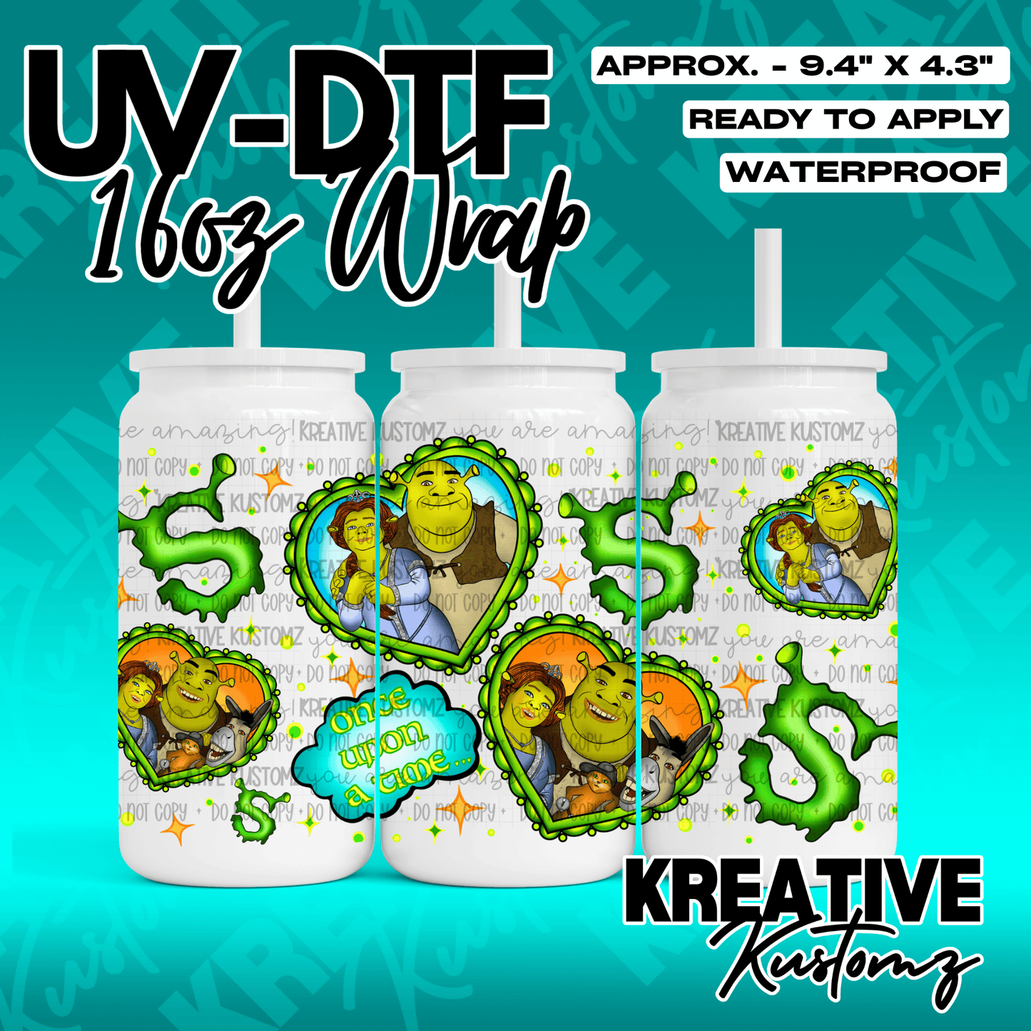A Shrek themed UV DTF adhesive wrap for a 16oz glass cup featuring character frames and text.