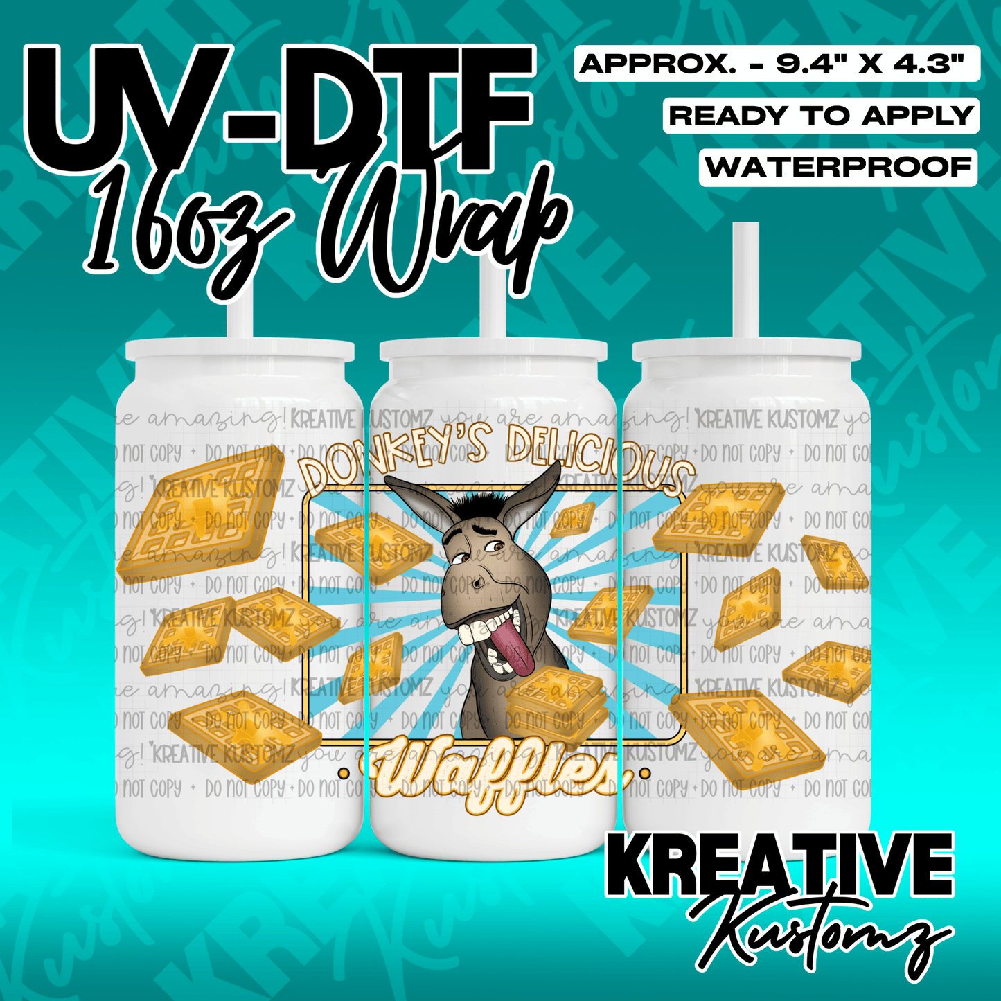 A UV DTF adhesive wrap for 16oz glass cans featuring a cartoon donkey and waffle design.