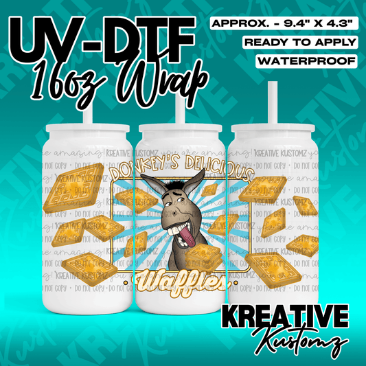 A UV DTF adhesive wrap for 16oz glass cans featuring a cartoon donkey and waffle design.