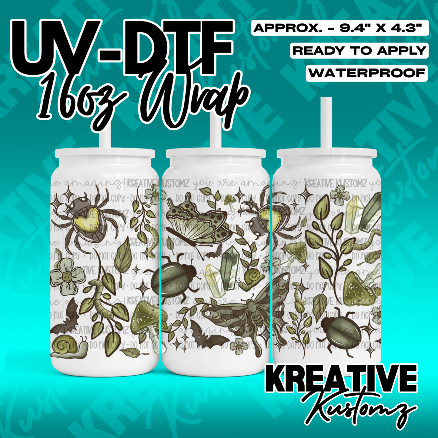 A UV DTF wrap for a 16oz glass can featuring a green botanical and insect pattern.