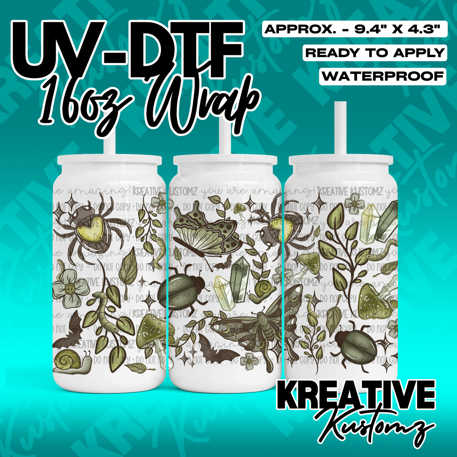 A UV DTF wrap for a 16oz glass can featuring a green botanical and insect pattern.