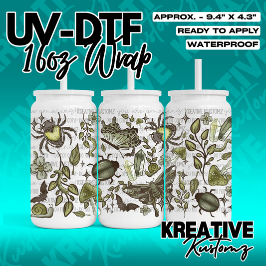 A UV DTF wrap for a 16oz glass can featuring a green botanical and insect pattern.