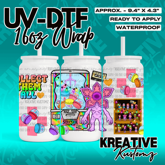 A Stranger Things themed UV DTF adhesive wrap for 16oz glass cans featuring character designs.