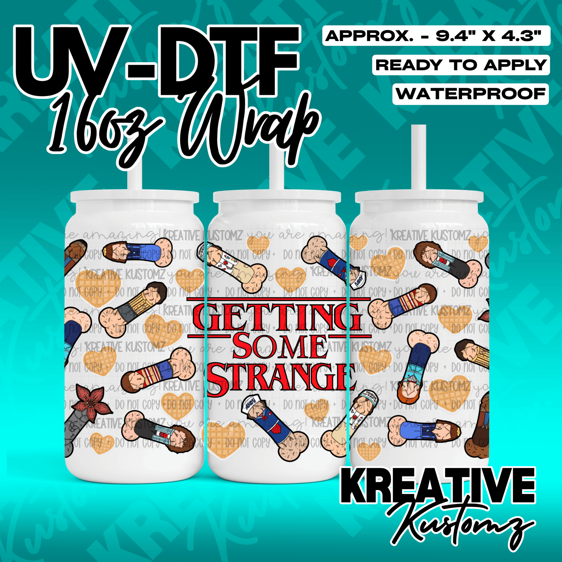 A Stranger Things themed UV DTF adhesive wrap for 16oz glass cans featuring character motifs.