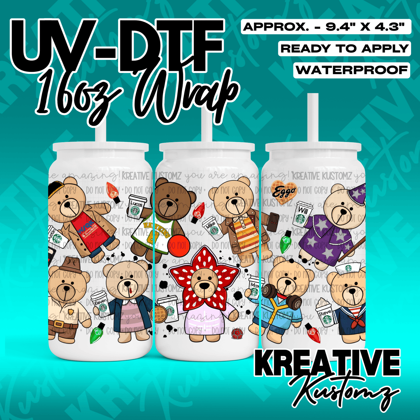 A Stranger Things themed UV DTF adhesive wrap featuring teddy bears dressed as characters.