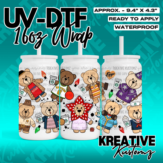 A Stranger Things themed UV DTF adhesive wrap featuring teddy bears dressed as characters.