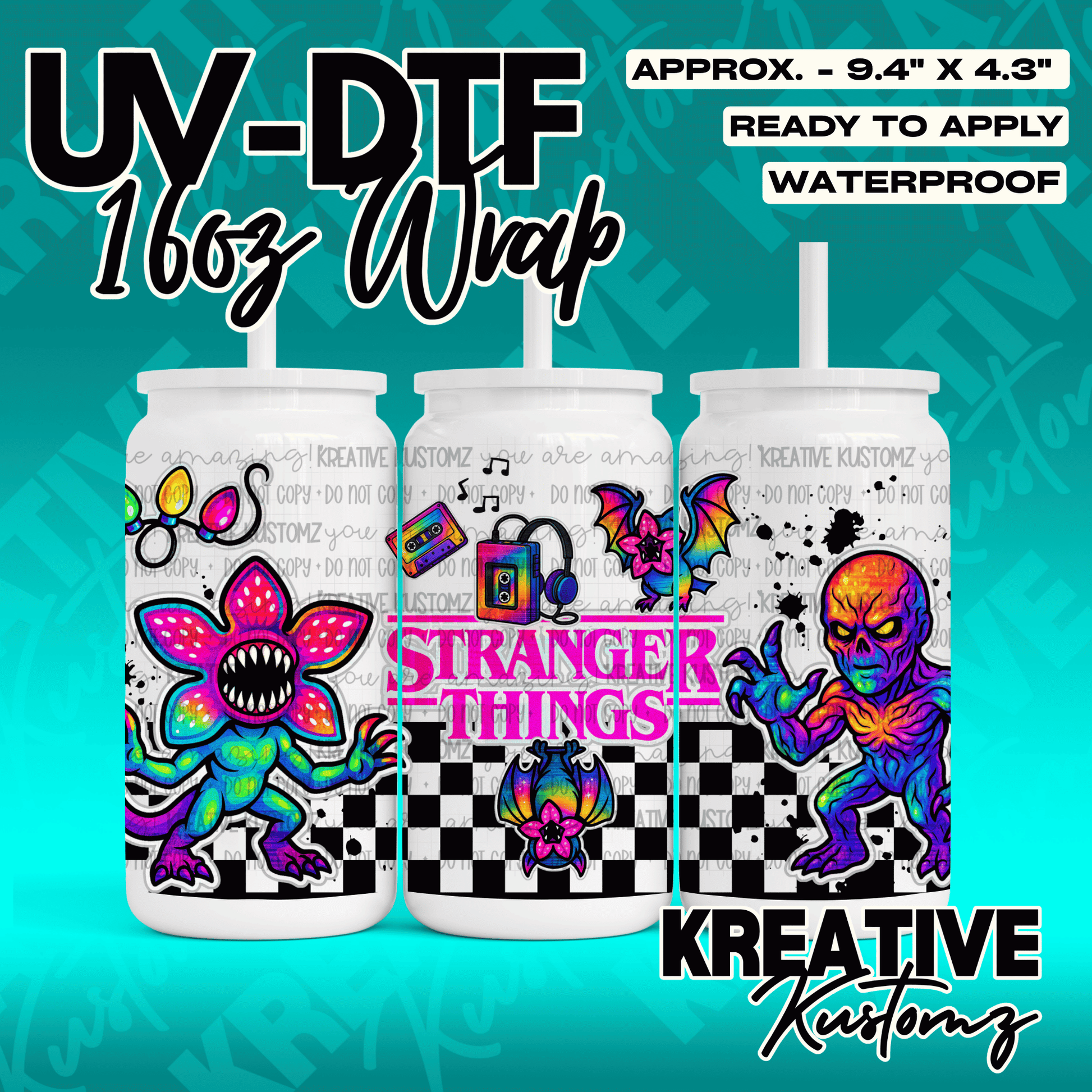 A Stranger Things themed UV DTF adhesive wrap for 16oz glass cans featuring colorful monsters.