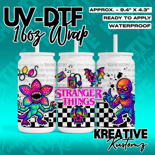 A Stranger Things themed UV DTF adhesive wrap for 16oz glass cans featuring colorful monsters.