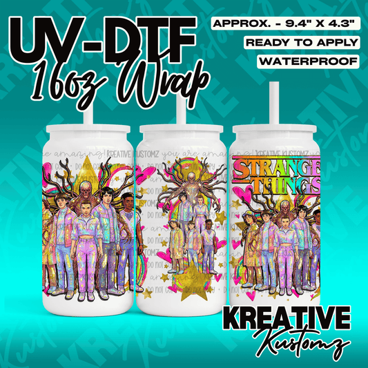 A Stranger Things themed UV DTF adhesive wrap for 16oz glass cans featuring the main cast.