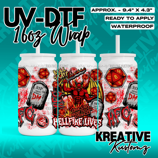 A Stranger Things themed UV DTF adhesive wrap for 16oz glass cans featuring Hellfire Club designs.