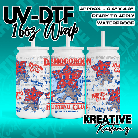 A Stranger Things themed UV DTF wrap for a 16oz glass can featuring Demogorgon illustrations.