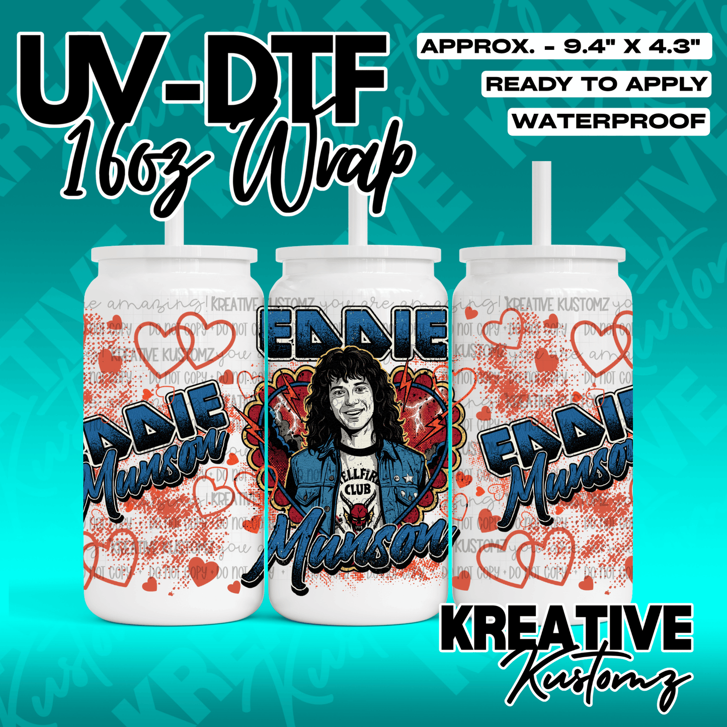 A UV DTF adhesive wrap for 16oz glass cans featuring an Eddie Munson Stranger Things design.