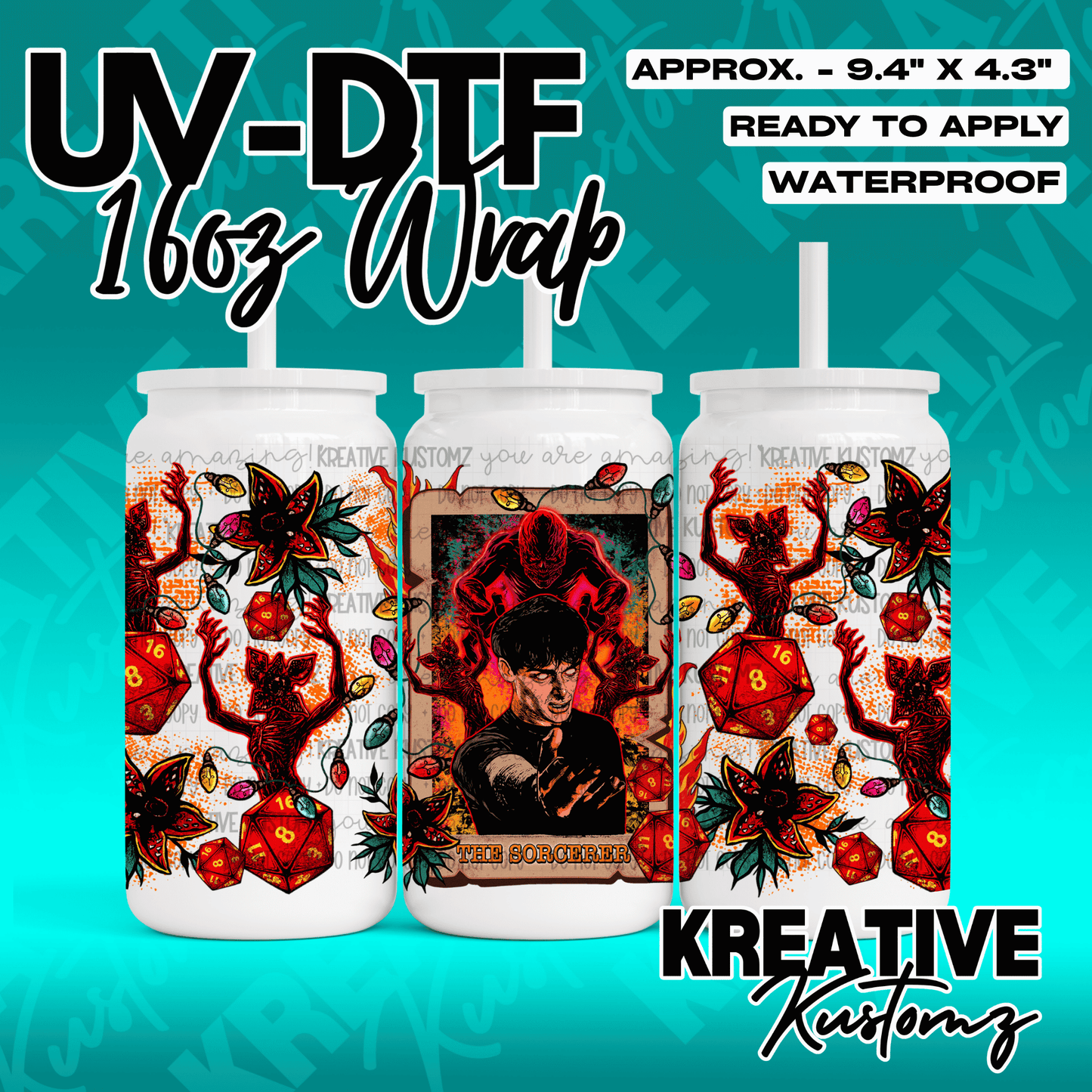 A Stranger Things themed UV DTF adhesive wrap for 16oz glass cans featuring Will Byers and demogorgons.