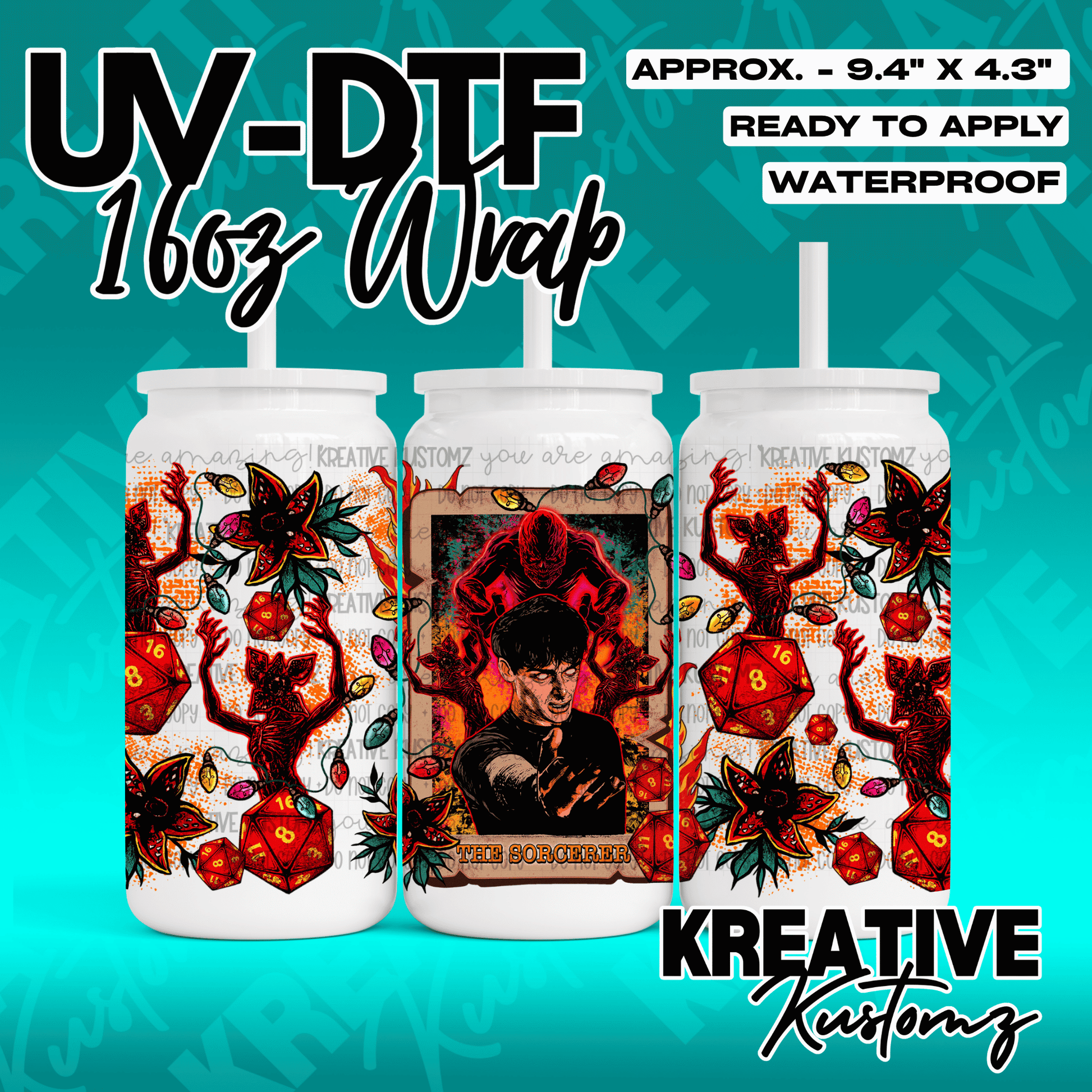 A Stranger Things themed UV DTF adhesive wrap for 16oz glass cans featuring Will Byers and demogorgons.