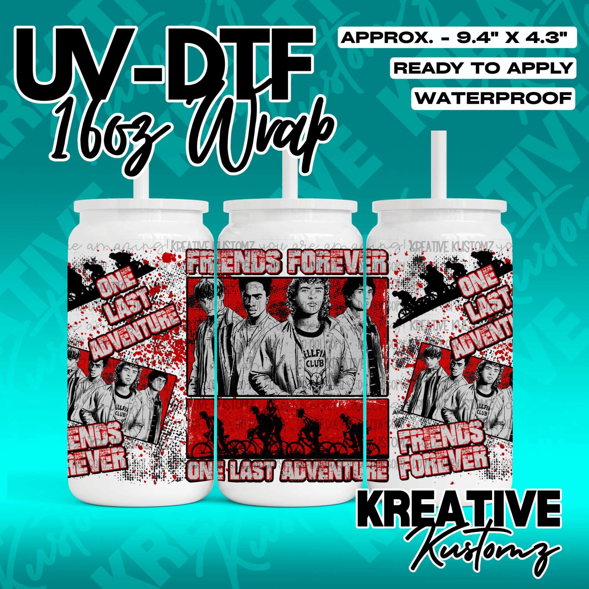 A Stranger Things themed UV DTF adhesive wrap for 16oz glass cans featuring character graphics.