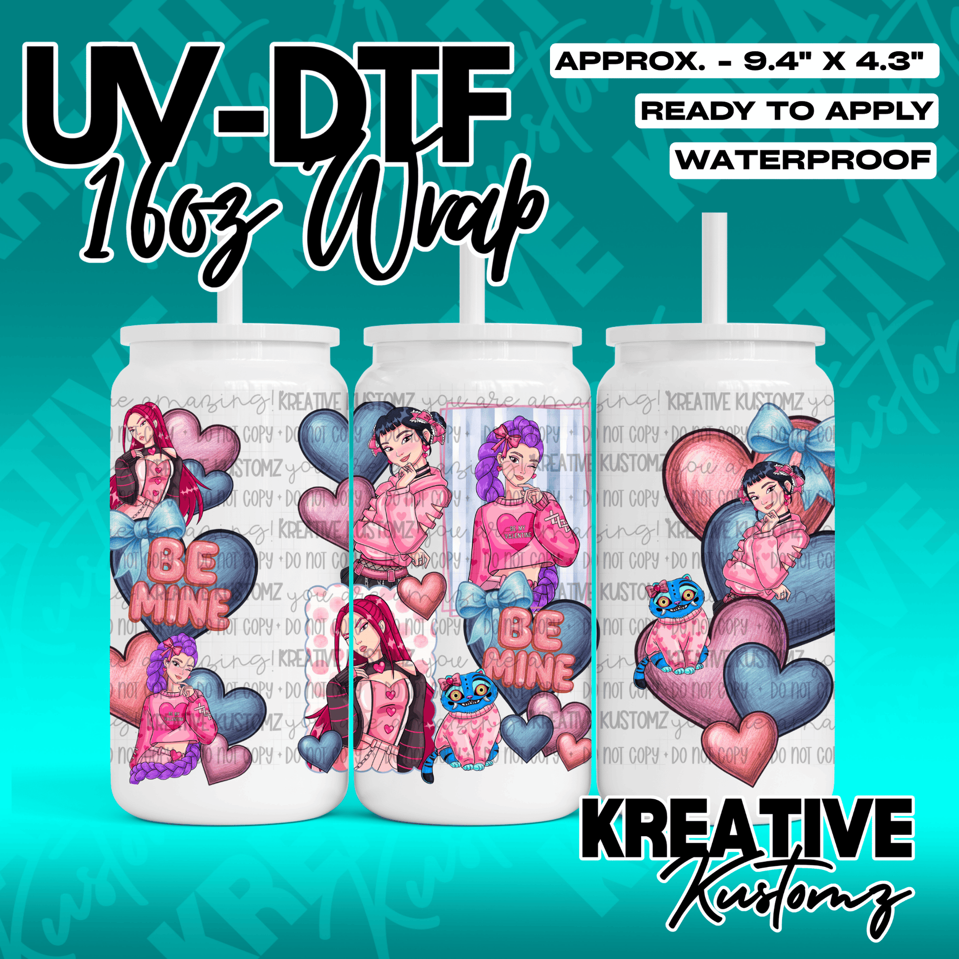 A Valentine themed UV DTF wrap for a 16oz glass can featuring anime characters and hearts.