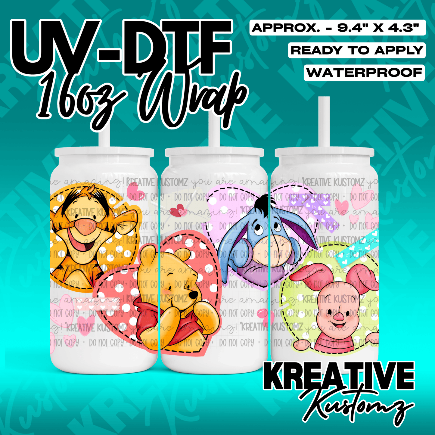 A UV DTF adhesive wrap for 16oz glass cans featuring Tigger, Winnie the Pooh, Eeyore, and Piglet.