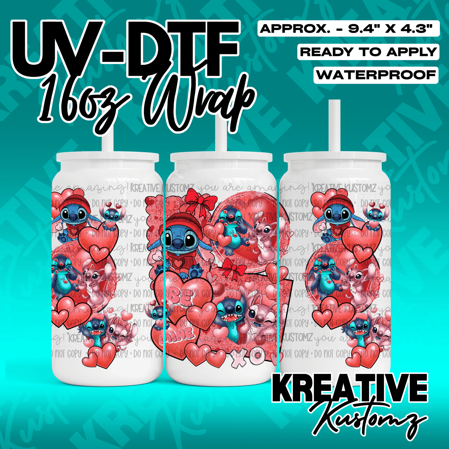 A UV DTF adhesive wrap for 16oz glass cans featuring a Valentine Stitch and Angel theme.