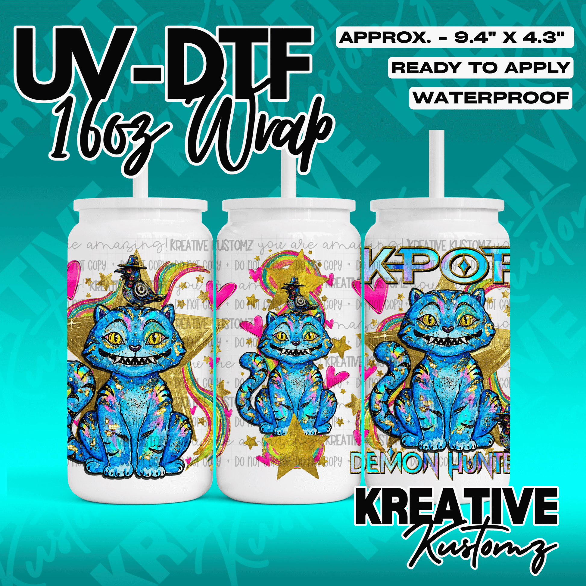 A UV DTF wrap for a 16oz glass cup featuring a blue cat with a bird and stars.