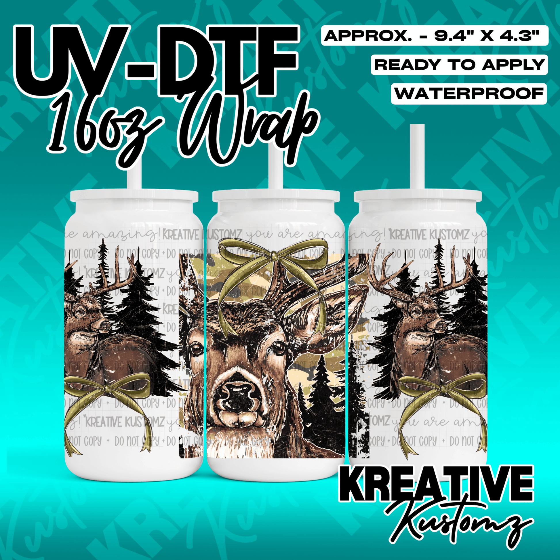 A UV DTF adhesive wrap for 16oz glass cans featuring a deer and forest design with olive bows.