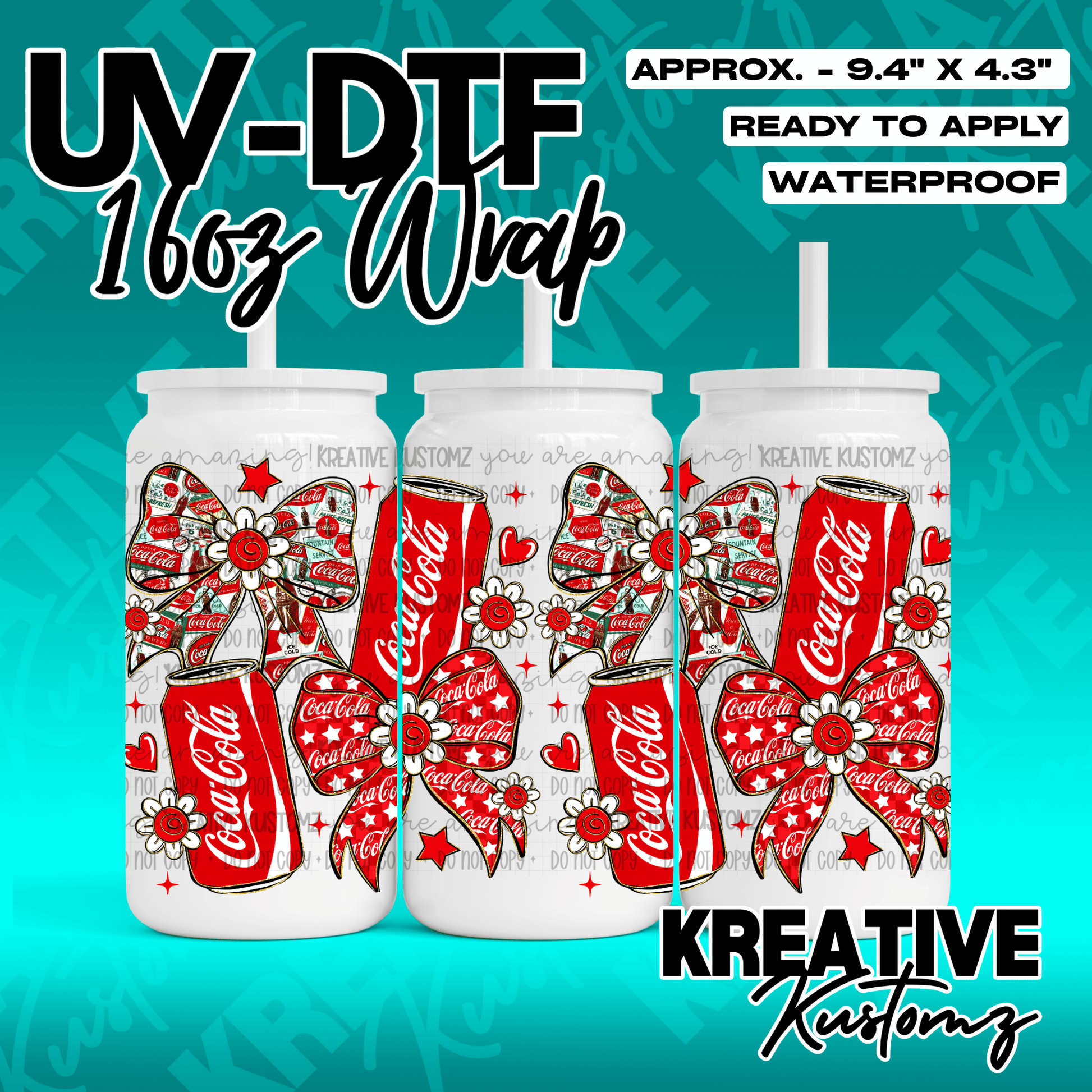 A Coca-Cola themed UV DTF adhesive wrap for a 16oz glass can featuring red bows and soda cans.
