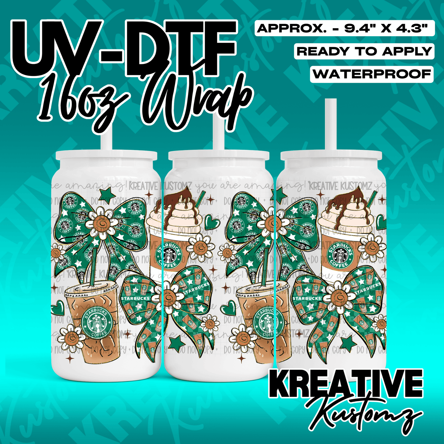 A UV DTF adhesive wrap for 16oz glass cans featuring a Starbucks coffee and floral bow pattern.