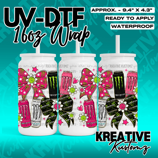 A UV DTF adhesive wrap for 16oz glass cans featuring a pink bow and Monster energy drink design.