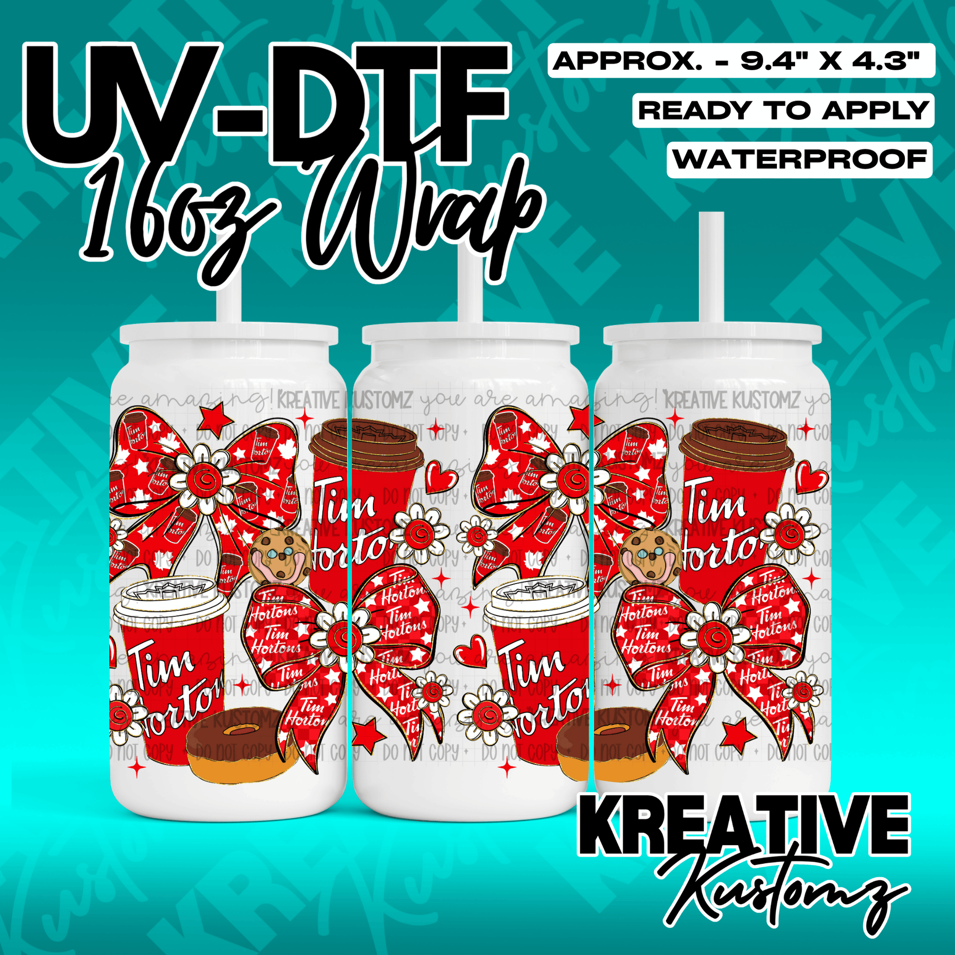A 16oz glass can wrap featuring a Tim Hortons themed design with coffee cups, donuts, and bows.