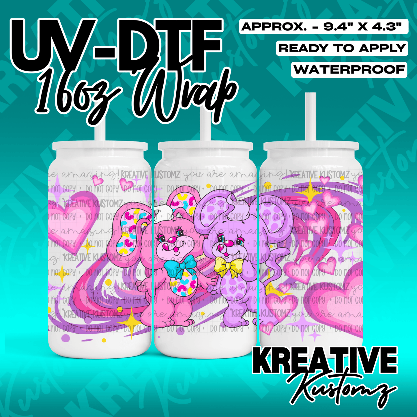 A UV DTF adhesive wrap for a 16oz glass cup featuring two cartoon bunnies and hearts.