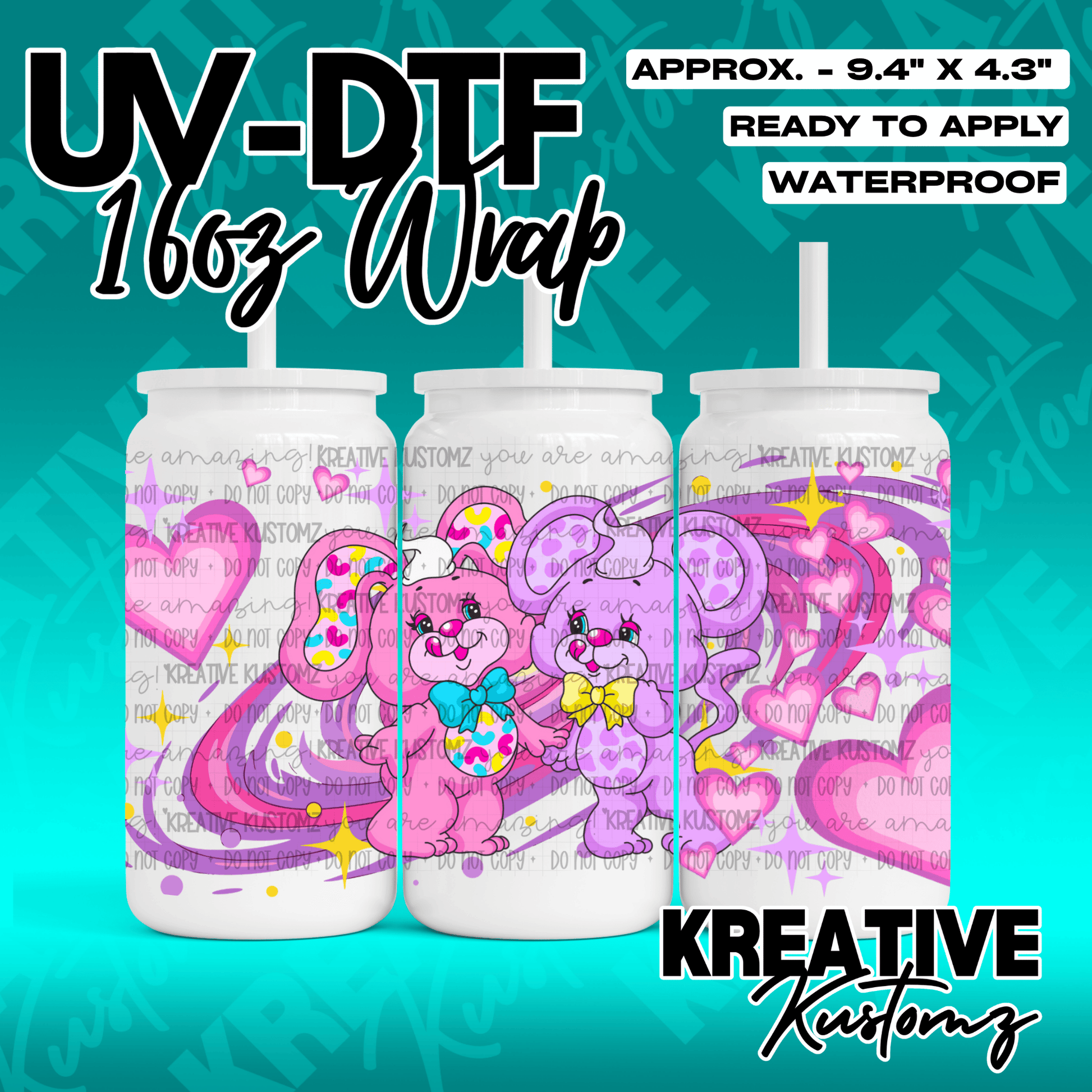 A UV DTF adhesive wrap for a 16oz glass cup featuring two cartoon bunnies and hearts.